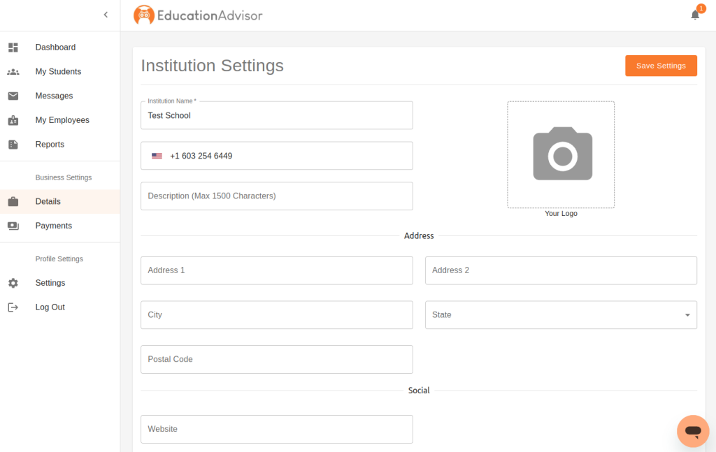 Institution Business Settings