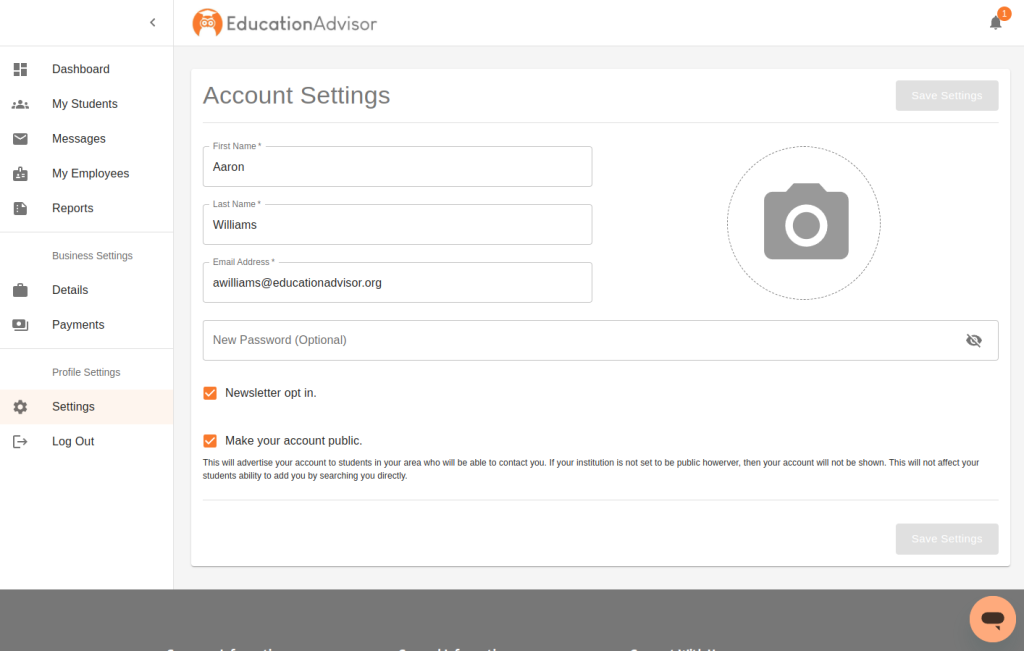 Institution User Account Settings