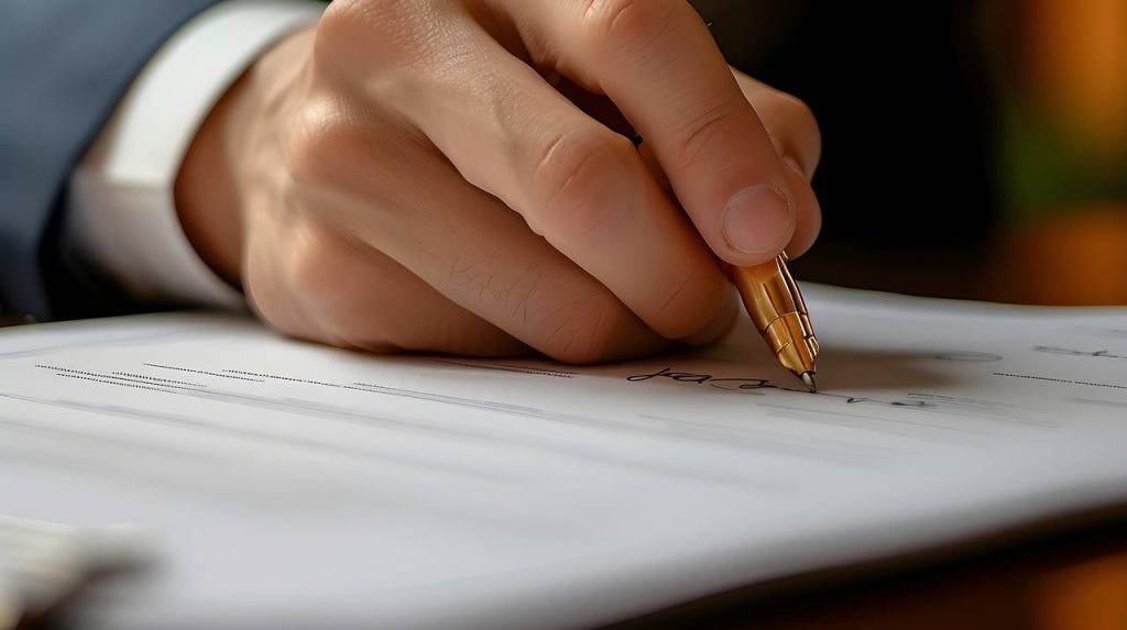 Parent signing student loan option for their child.